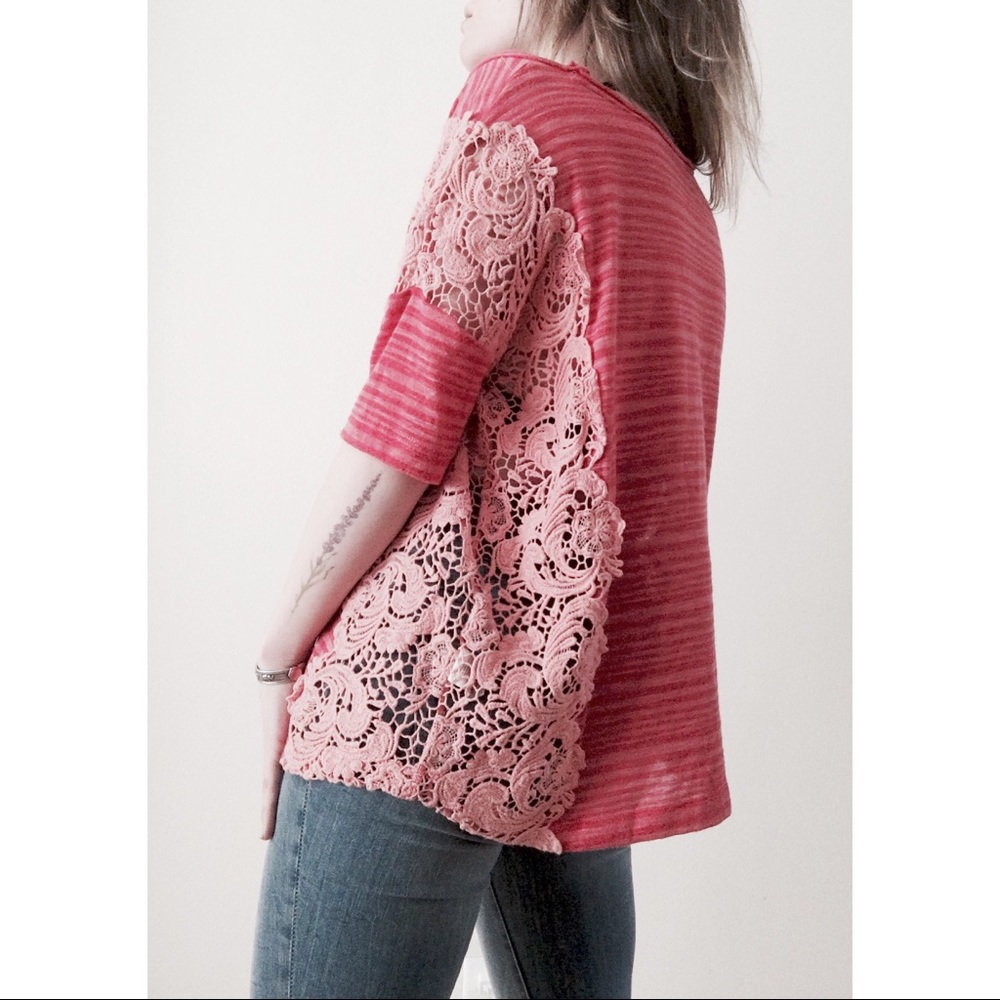 We the Free Striped Crochet Tee Shirt Top